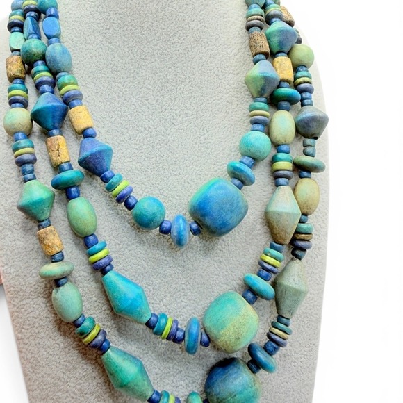 Jewelry - Vintage Multi Strand Wood Bead Necklace Blue Green Teal Boho Geometric Statement